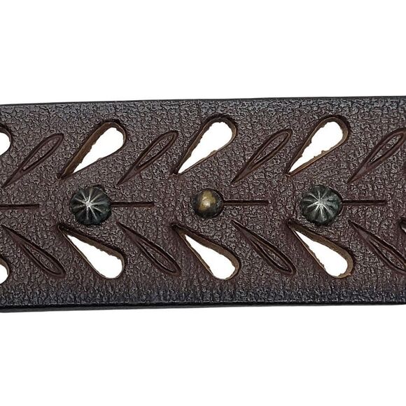 Vintage Chocolate Burnish Genuine Leather Western Belt Brass Cutouts Studded M - Picture 2 of 12